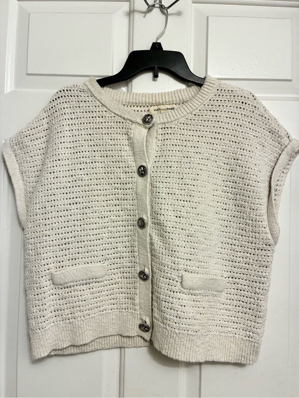 Lucky Brand Light Cream Short-Sleeve Knit Cardigan Sweater